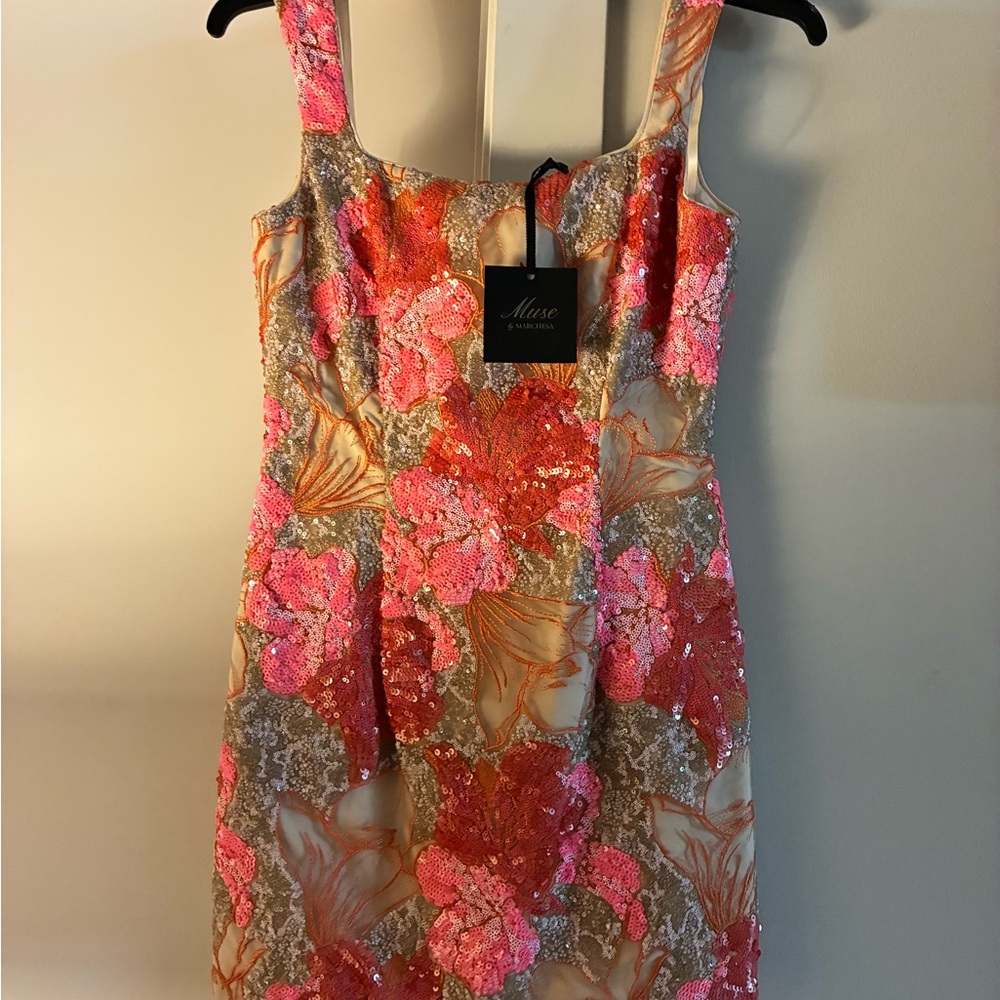 Marchesa Pink & Gold Sequin Floral Mini Dress - Picture 2 of 4